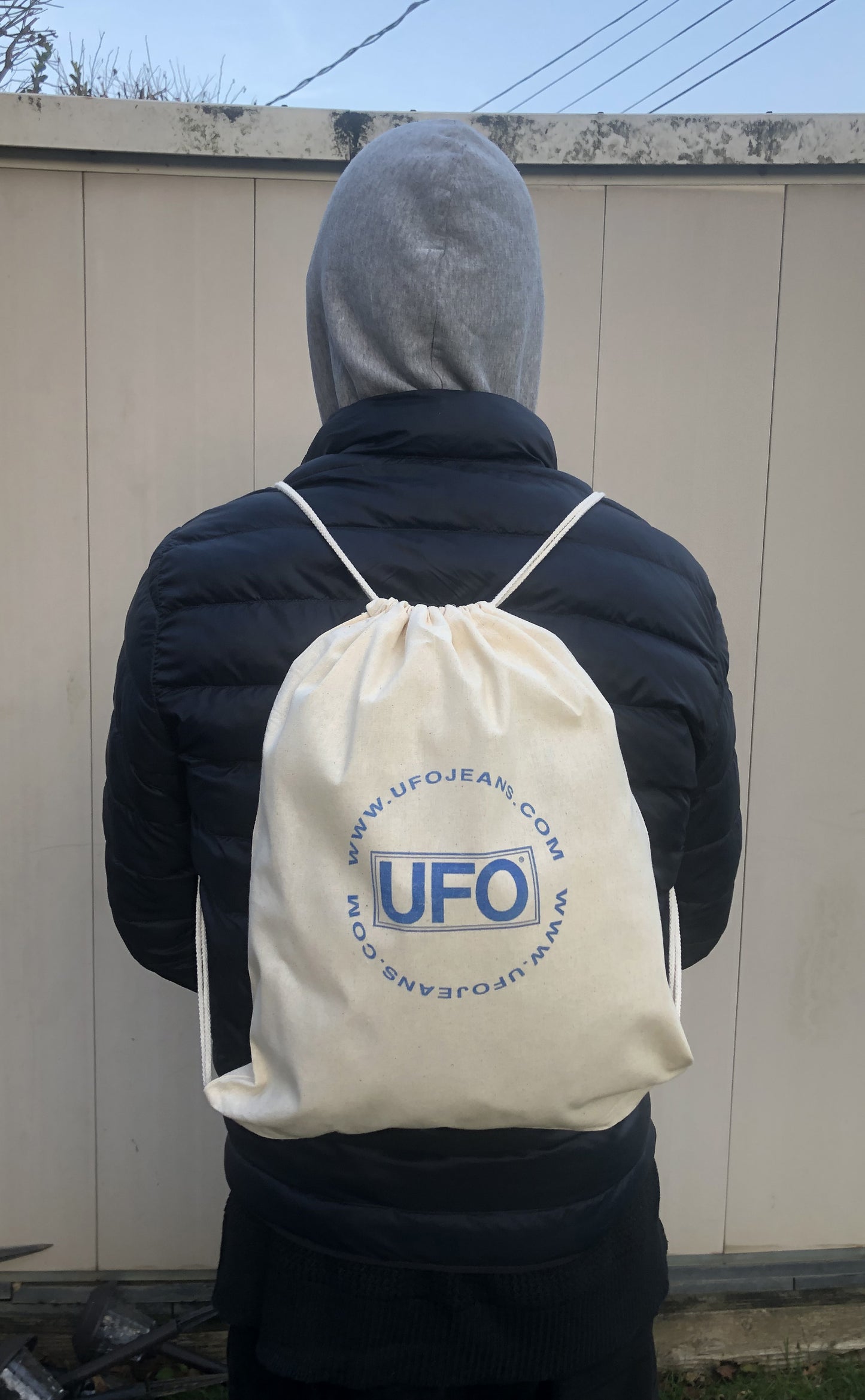 Natural Cotton Drawstring Backpack with UFO branded design #30350